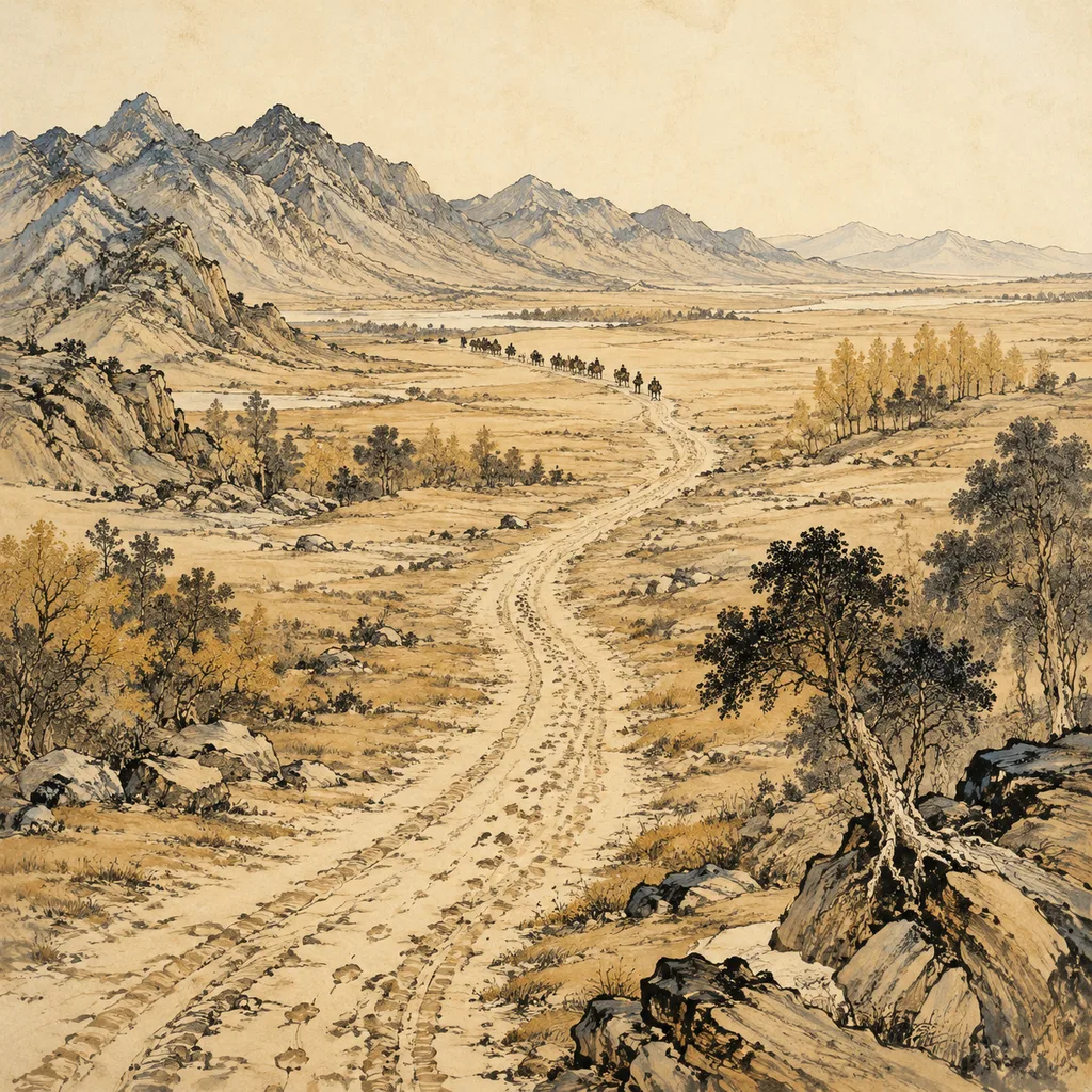 Close-up shanshui painting of an ancient trade road with wheel ruts and footprints winding across plains, Highway Earth (大驿土) NaYin concept of connection and journey