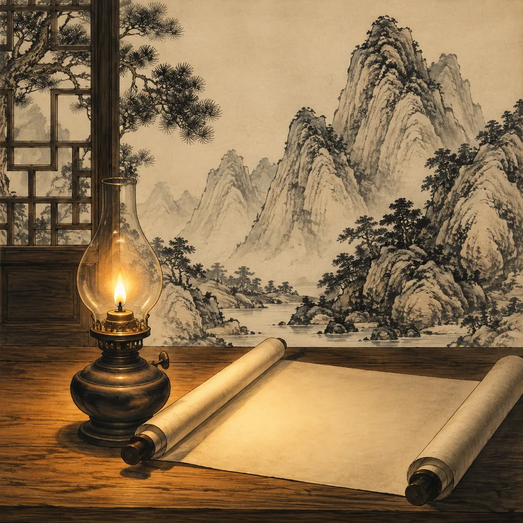 Close-up shanshui painting of a single oil lamp with steady flame on a wooden desk beside an open scroll, Lamp Fire (覆灯火) NaYin concept of focused purpose
