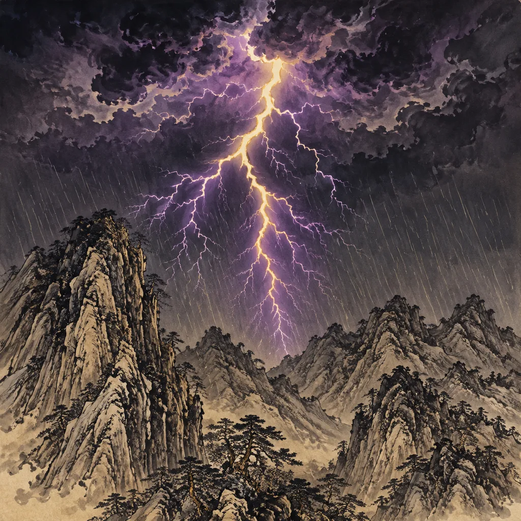 Close-up shanshui painting of a single forked lightning bolt illuminating dark clouds with rain, Lightning Fire (霹雳火) NaYin concept of sudden revelation