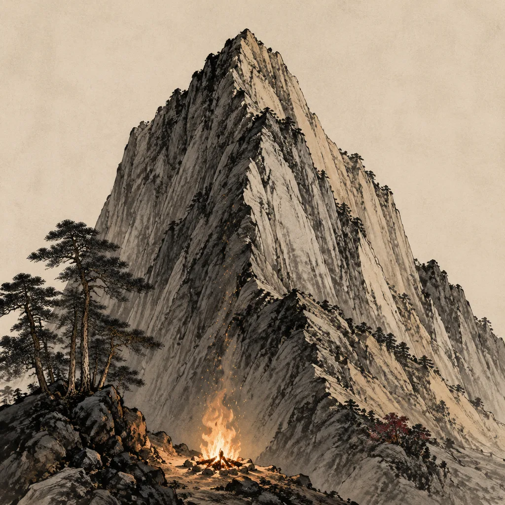 Close-up shanshui painting of a small warm campfire at a mountain base with sparks rising into evening air, Mountain-Base Fire (山下火) NaYin concept of humble potential