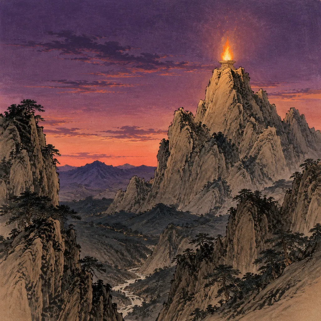 Close-up shanshui painting of a beacon flame burning on a distant mountain peak visible across dark valleys, Mountain Fire (山头火) NaYin concept of guiding presence