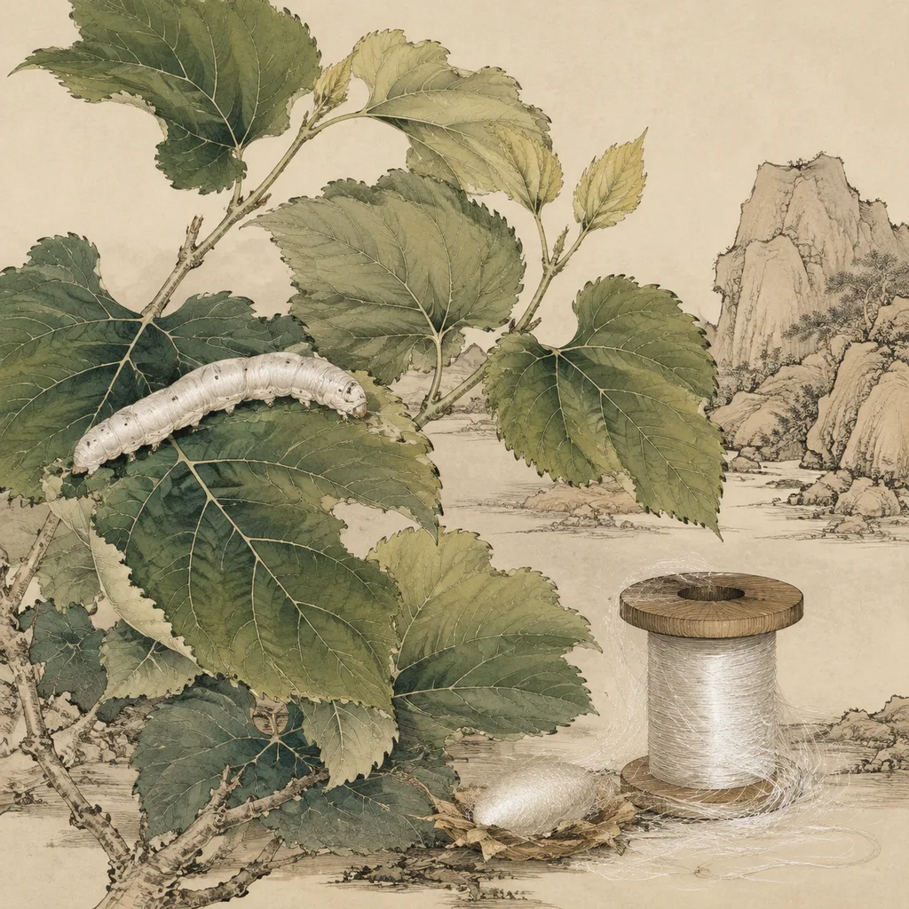 Close-up shanshui painting of mulberry leaves with a silkworm feeding and silk thread on a wooden spool, Mulberry Wood (桑柘木) NaYin concept of silent cultivation