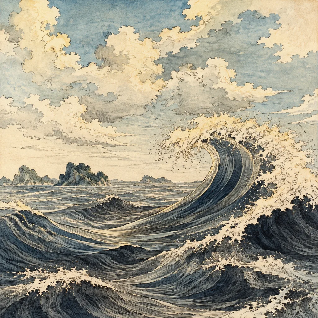 Close-up shanshui painting of deep ocean waves rolling beneath a vast sky with white foam, Ocean Water (大海水) NaYin concept of boundless depth