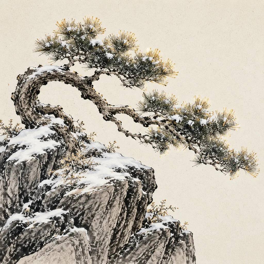 Close-up shanshui painting of a single pine branch with snow-dusted needles on a windswept rock, Pine Wood (松柏木) NaYin concept of endurance