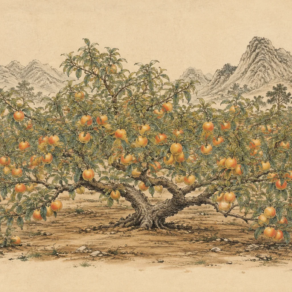 Close-up shanshui painting of a low fruit tree in a flat orchard with golden fruit, Plain Wood (平地木) NaYin concept of grounded productivity