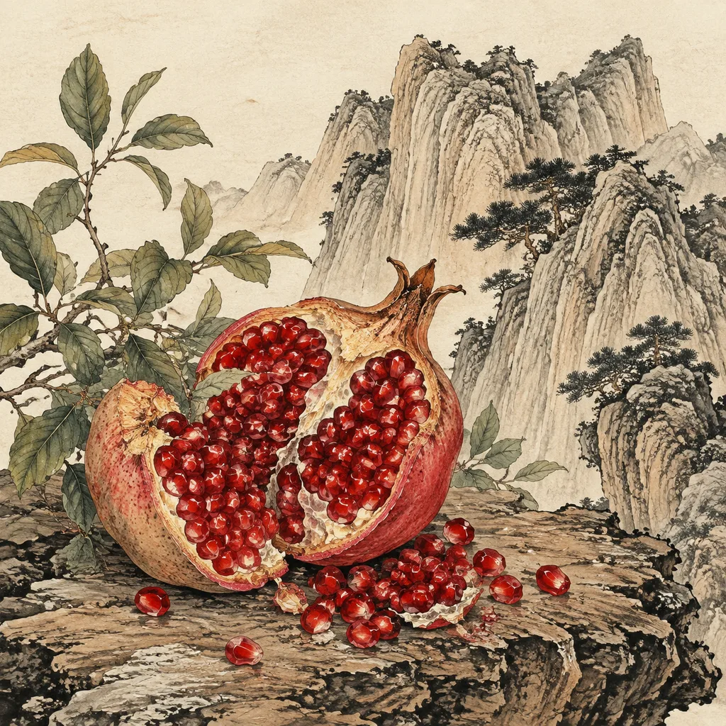 Close-up shanshui painting of a split pomegranate revealing dense ruby-red seeds on weathered wood, Pomegranate Wood (石榴木) NaYin concept of fruitfulness from hardship