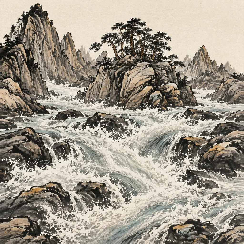 Close-up shanshui painting of a powerful river current surging over ancient stones with white spray, River Water (长流水) NaYin concept of unstoppable momentum