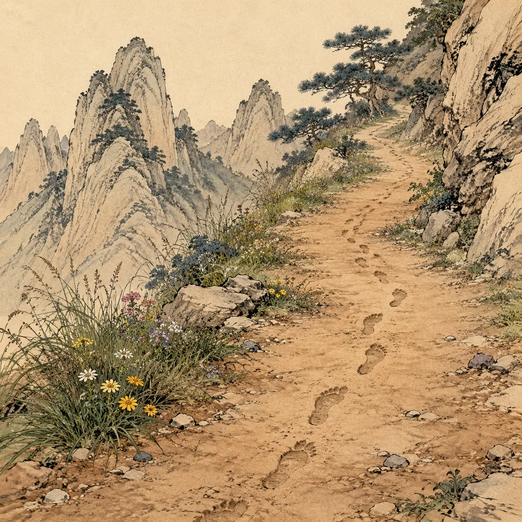 Close-up shanshui painting of packed earth along a path with wildflowers and footprints in sunlight, Roadside Earth (路旁土) NaYin concept of grounded accessibility