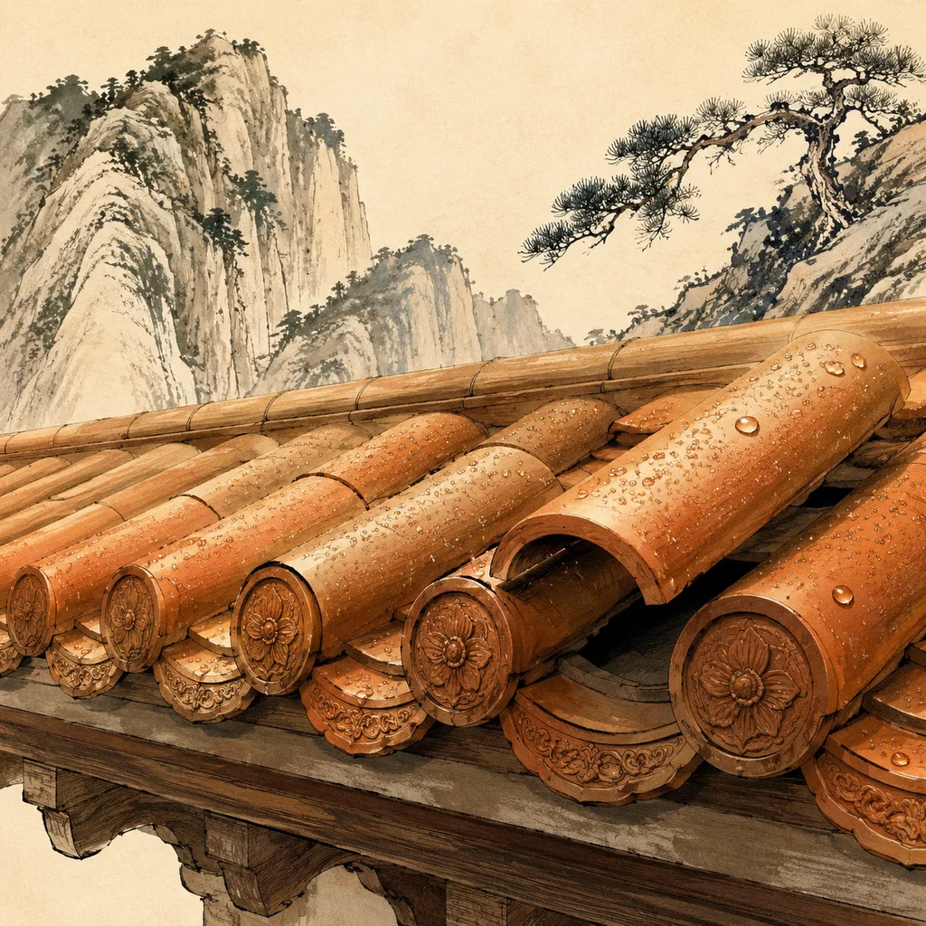 Close-up shanshui painting of fired terracotta roof tiles with water droplets beading on the surface, Roof Earth (屋上土) NaYin concept of protective refinement