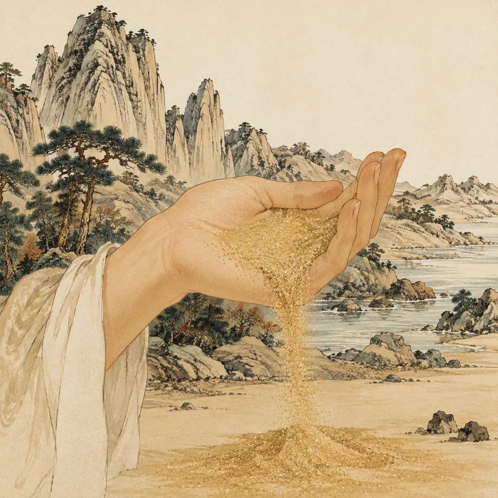 Close-up shanshui painting of fine golden sand flowing through a cupped hand with rippled dunes, Sand Earth (沙中土) NaYin concept of adaptability