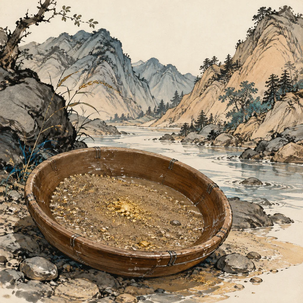 Close-up shanshui painting of a wooden pan of river sand with fine gold specks catching light, Sand Metal (沙中金) NaYin concept of hidden treasure revealed by patience