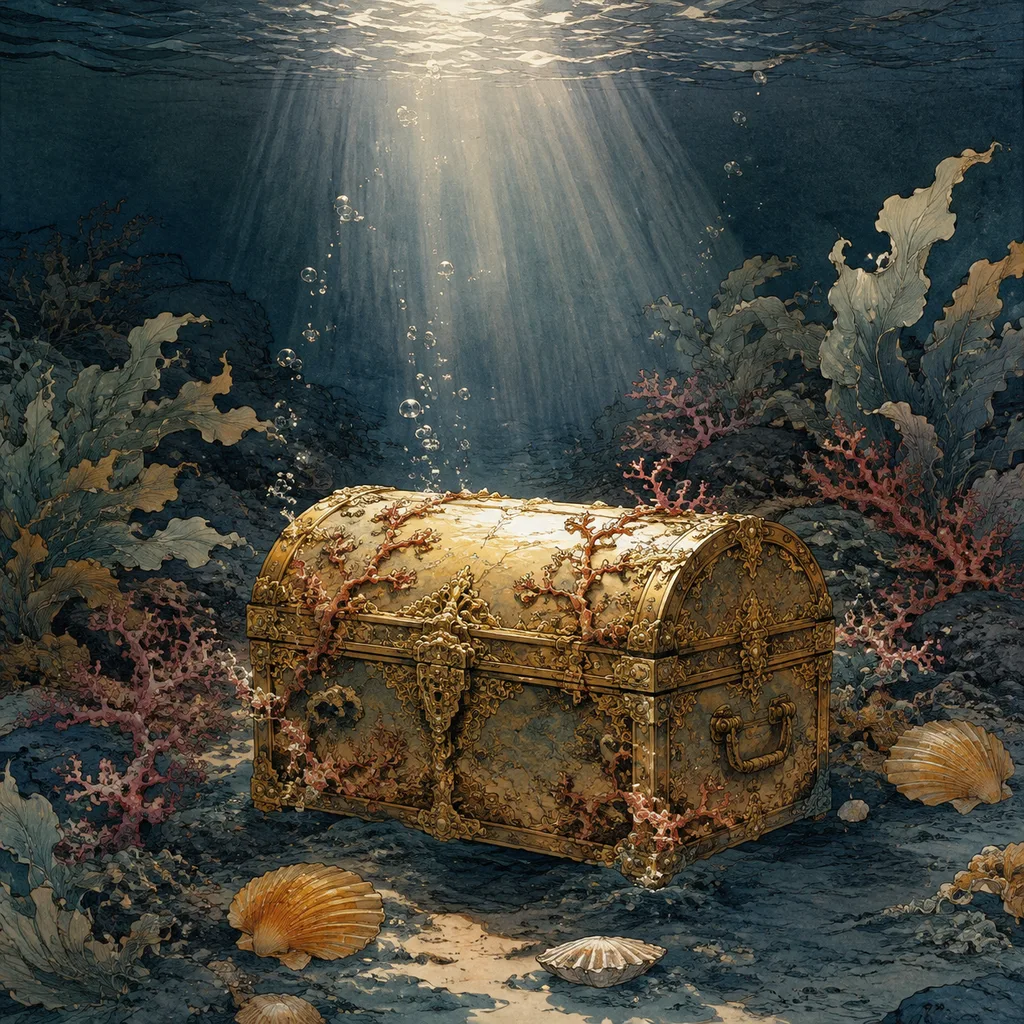 Close-up shanshui painting of an ornate golden treasure chest encrusted with coral on dark blue sand with a shaft of moonlight, Sea Metal (海中金) NaYin concept of hidden value