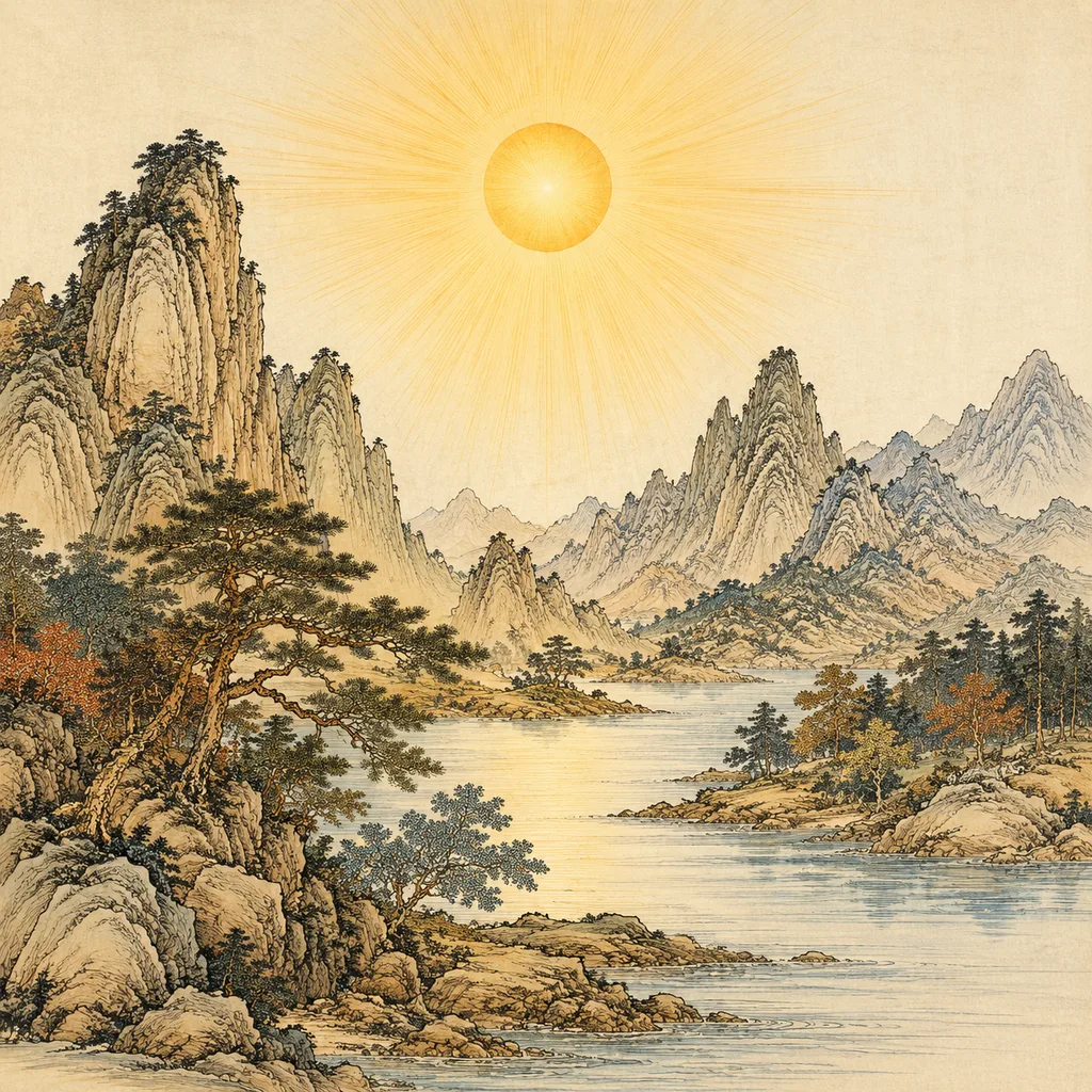 Close-up shanshui painting of a radiant golden sun emitting warm rays over mountains, Sky Fire (天上火) NaYin concept of supreme illumination