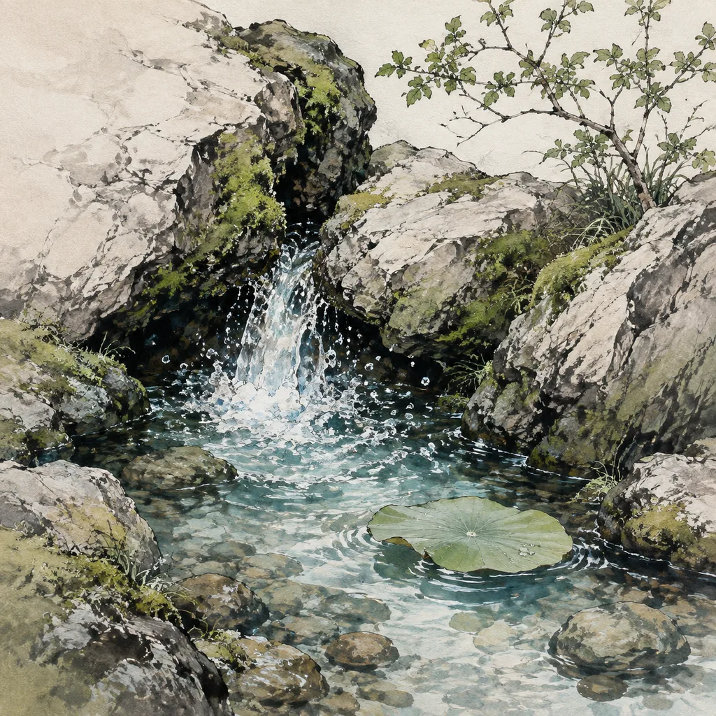 Close-up shanshui painting of a clear spring bubbling between mossy rocks with sparkling droplets, Spring Water (泉中水) NaYin concept of purity from hidden depths