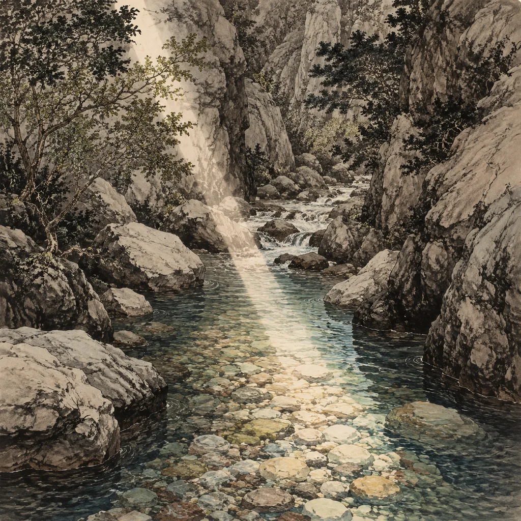Close-up shanshui painting of a mountain stream flowing over visible pebbles with a ray of light, Stream Water (涧下水) NaYin concept of clarity and persistence