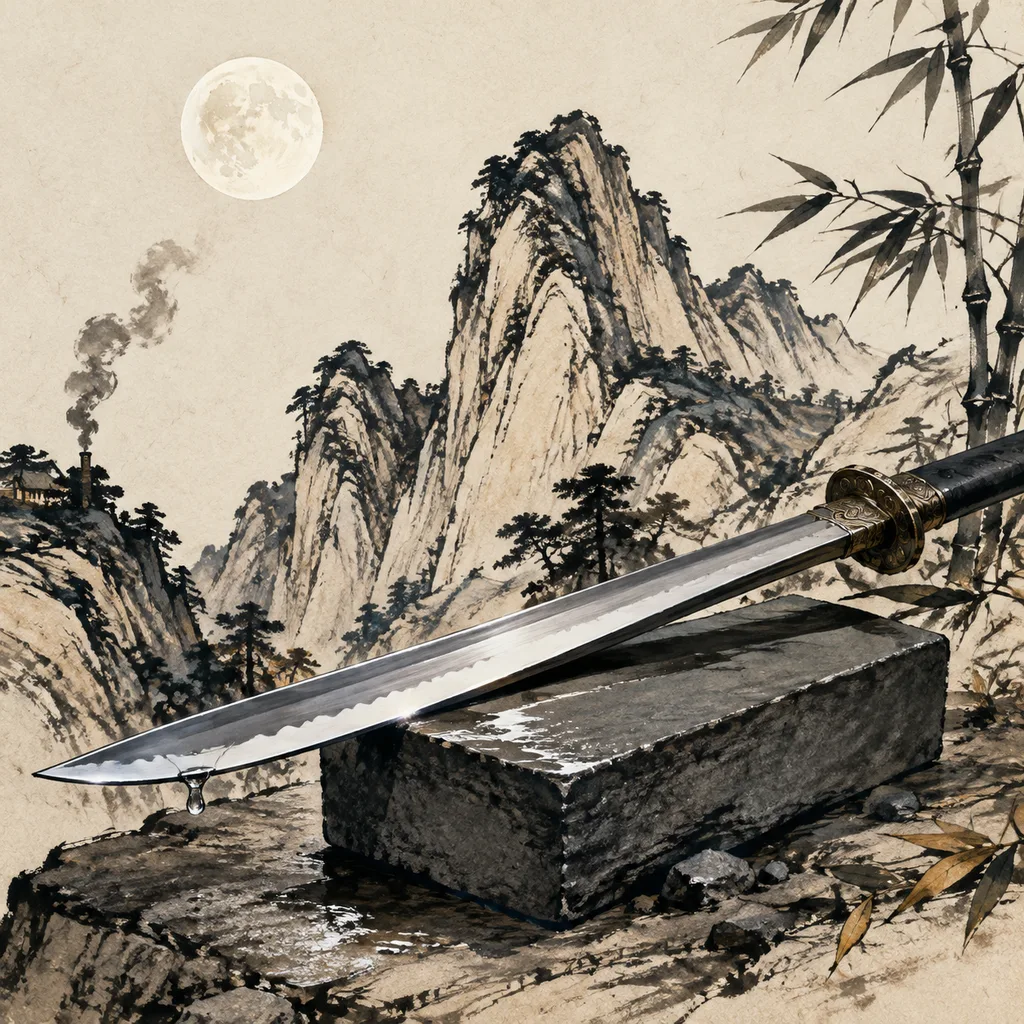 Close-up shanshui painting of a polished sword blade on a whetstone with a water droplet on its edge, Sword Metal (剑锋金) NaYin concept of refined precision