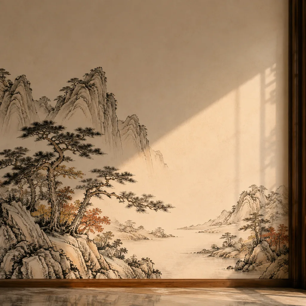 Close-up shanshui painting of a section of smooth plastered wall with subtle decorative painting in warm light, Wall Earth 2 (壁上土) NaYin concept of refined strength
