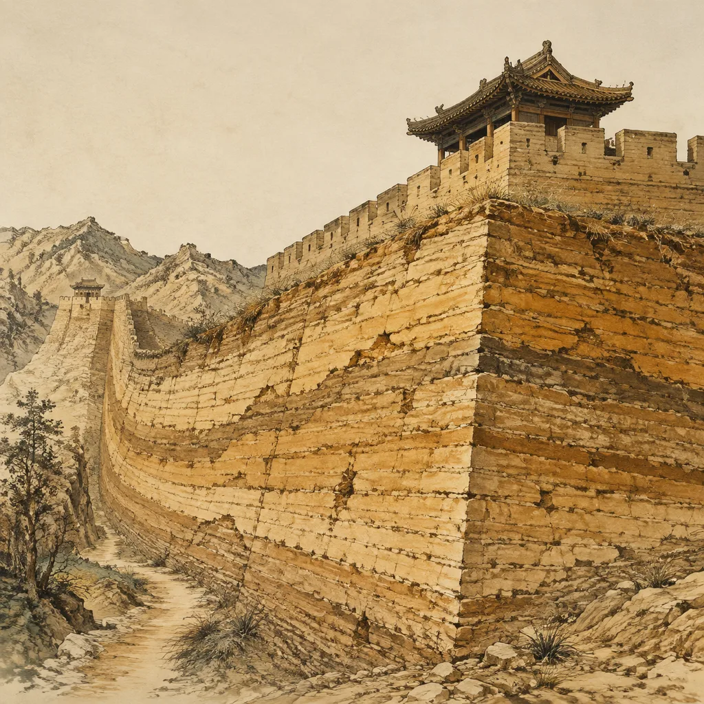 Close-up shanshui painting of ancient city wall ramparts with visible compacted earth layers in golden light, Wall Earth (城头土) NaYin concept of structured protection