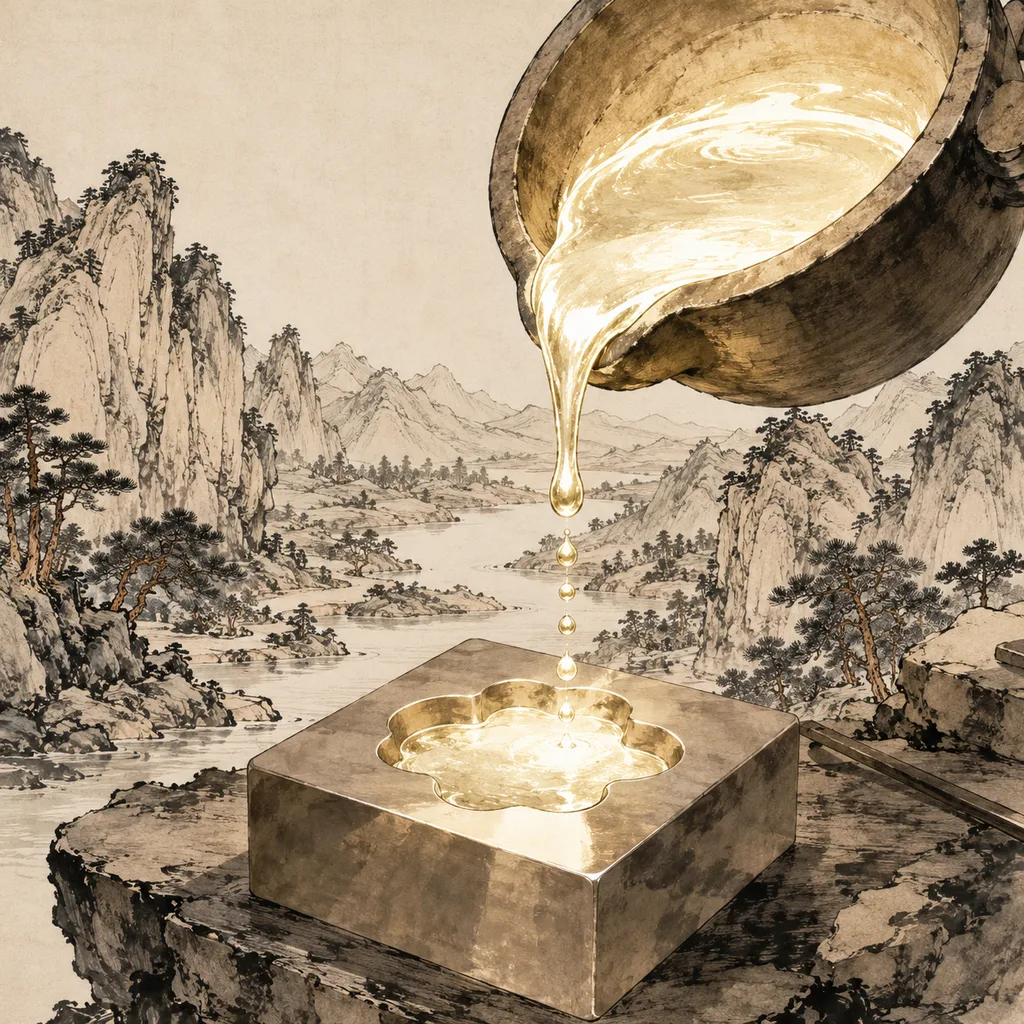 Close-up shanshui painting of molten white-gold metal droplets suspended above a polished mold, Wax Metal (白蜡金) NaYin concept of pristine potential