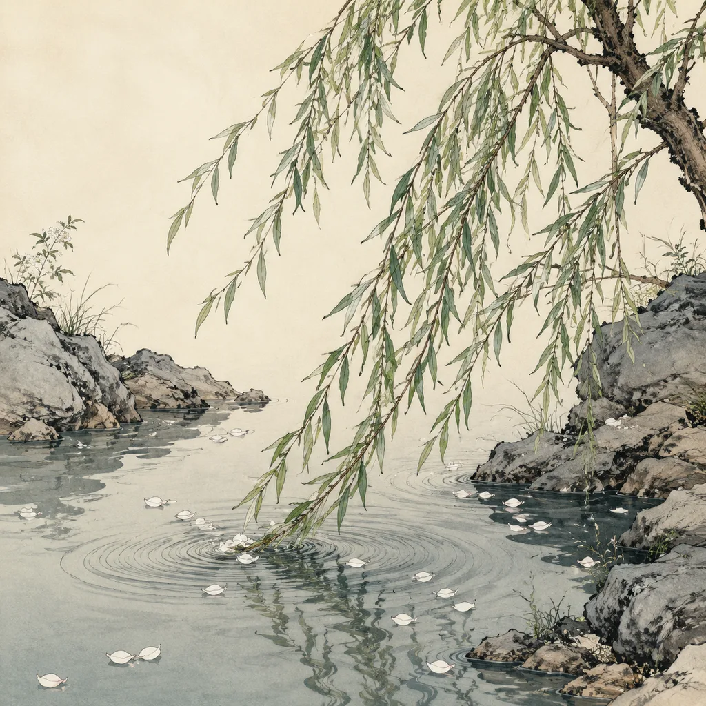 Close-up shanshui painting of a willow branch dipping into calm water with spreading ripples, Willow Wood (杨柳木) NaYin concept of graceful flexibility