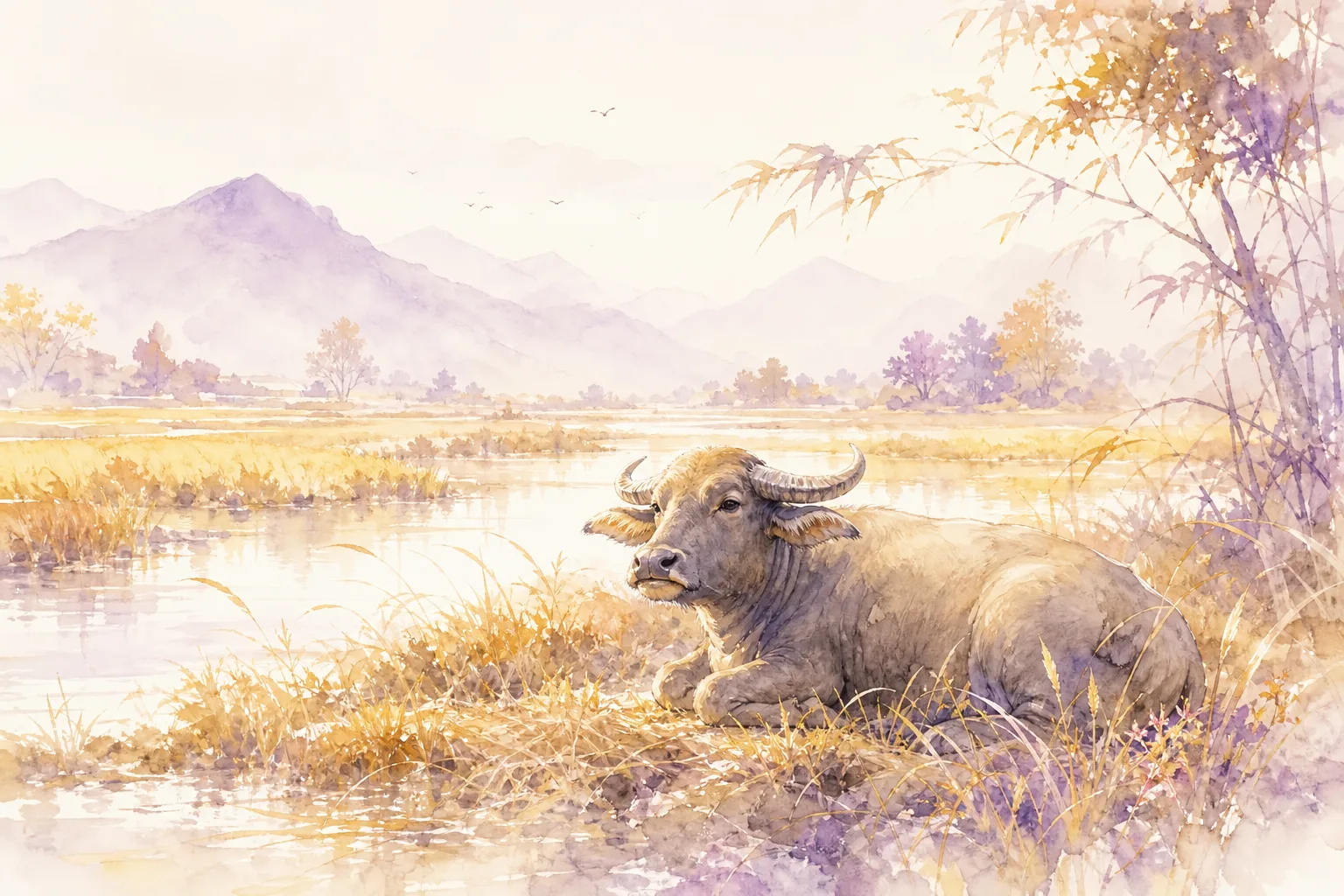 Chinese ink painting of an ox plowing at dawn, traditional shuimo agricultural scene