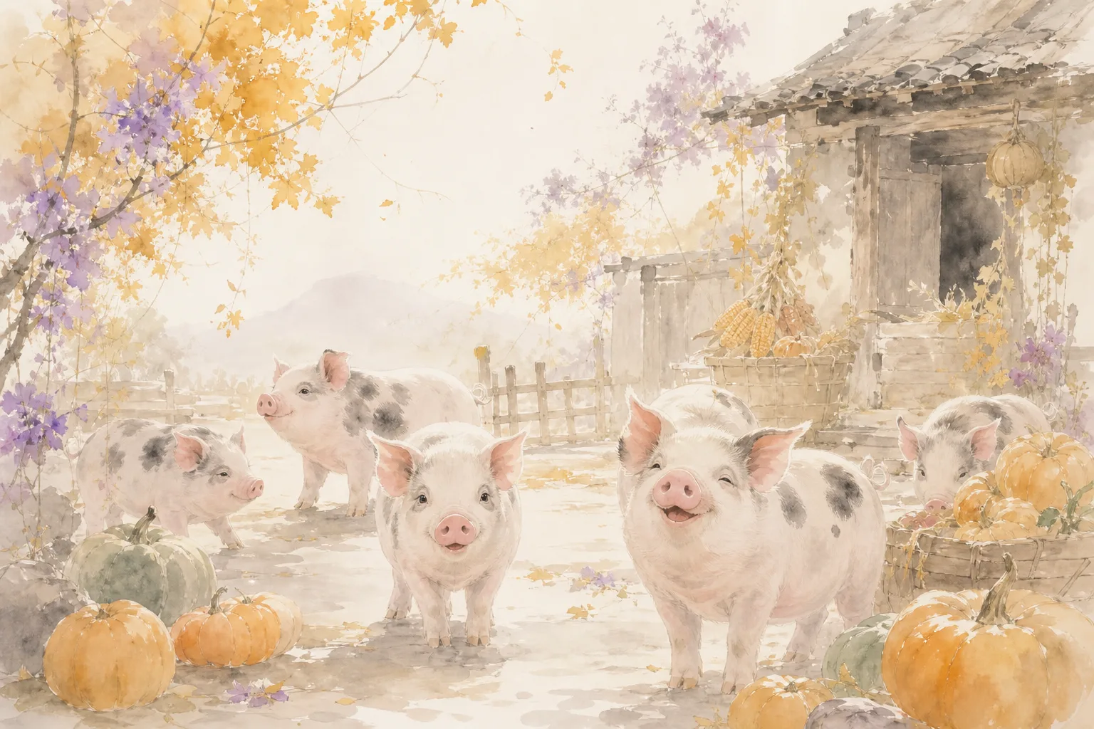 Chinese ink painting of pigs in an autumn farmyard, abundant harvest shuimo scene