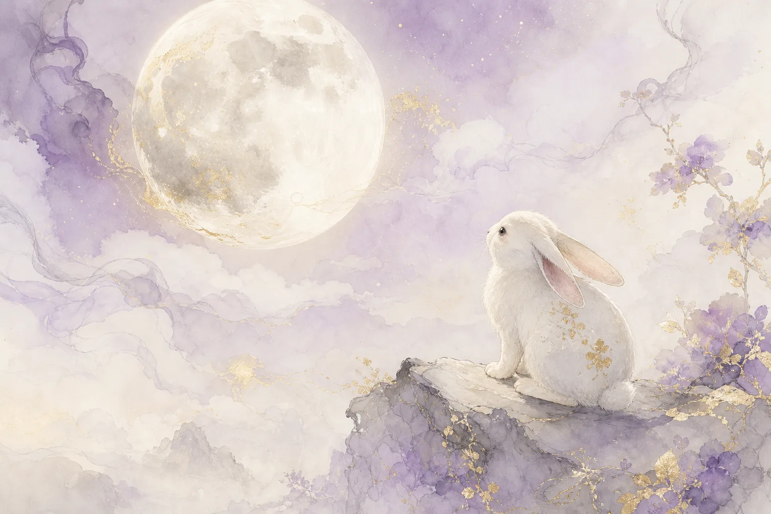 Chinese ink painting of the Jade Rabbit gazing at the full moon, shuimo legend scene