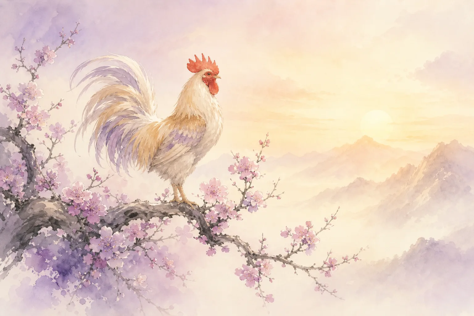 Chinese ink painting of a rooster crowing at dawn, auspicious shuimo scene with golden sunrise