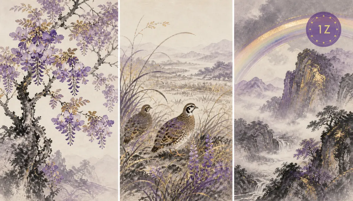 Three pentads of Qingming: paulownia blossoms, quail among spring fields, rainbow after rain, traditional Chinese ink-wash illustration in purple and gold