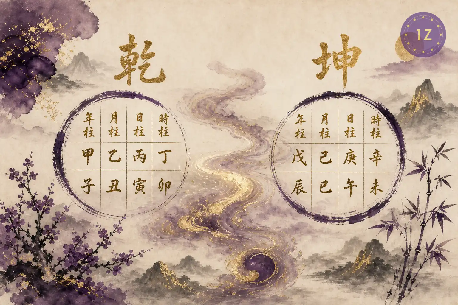 Two BaZi Four Pillars charts with eight characters facing each other in golden calligraphy
