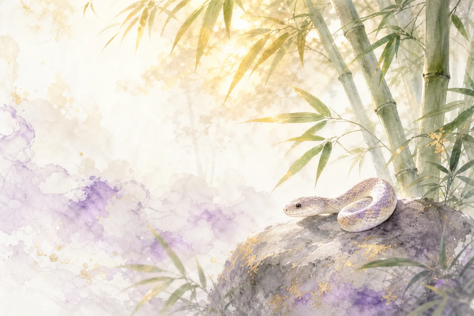 Chinese ink painting of a snake in a bamboo grove, mystical shuimo scene with gold light