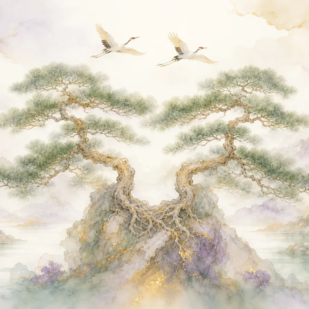 Twin pine trees with intertwined roots and a pair of cranes flying overhead, representing the Companion (比肩) archetype of equality and brotherhood