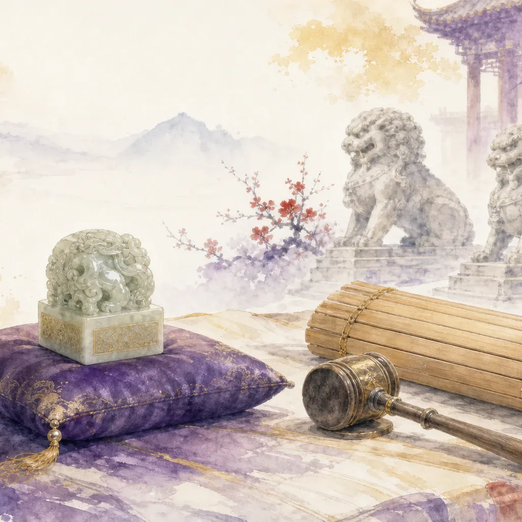 An ancient Chinese jade seal stamp on a silk cushion beside a bamboo scroll of laws, representing the Direct Officer (正官) archetype of lawful authority