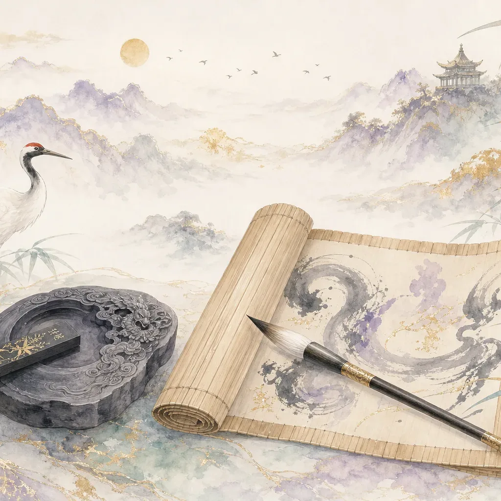 An ancient Chinese ink stone with calligraphy brush and bamboo scroll, a white crane standing nearby, representing the Direct Resource (正印) archetype of scholarly wisdom