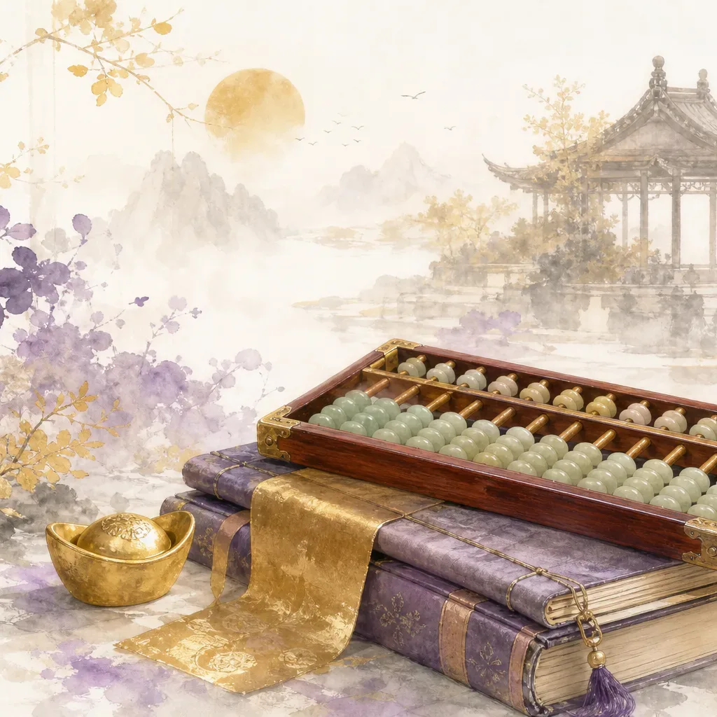 A traditional Chinese abacus on ancient account books with a golden ingot, representing the Direct Wealth (正财) archetype of prudent wealth management