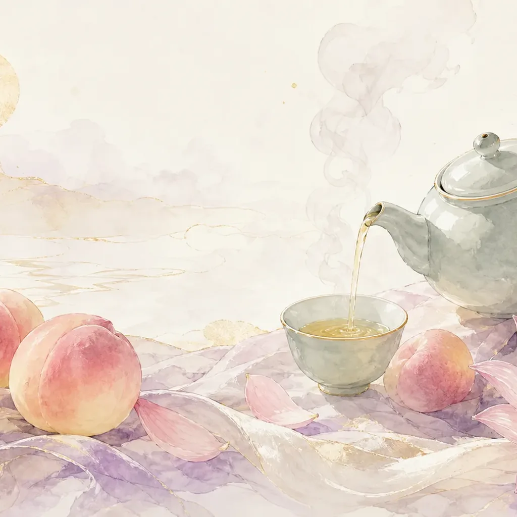 An elegant Chinese tea ceremony still life with celadon teapot, lotus petals, and ripe peaches, representing the Eating God (食神) archetype of pleasure
