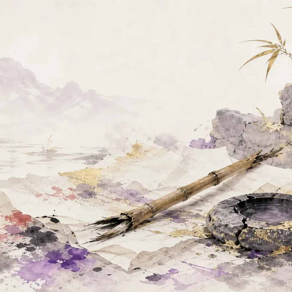 A broken bamboo calligraphy brush on scattered rice paper with wild ink splashes, representing the Hurting Officer (伤官) archetype of unconventional brilliance