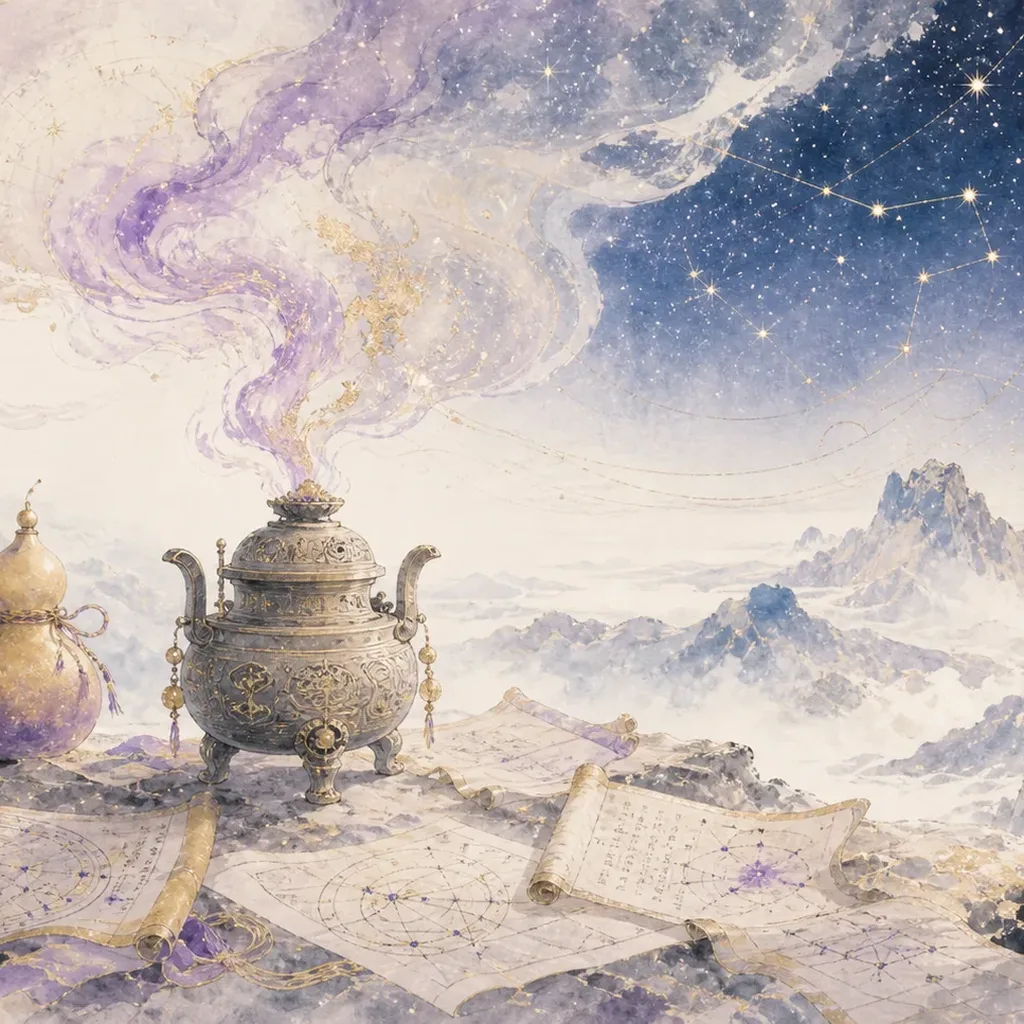 A bronze alchemy furnace with colorful smoke rising, surrounded by star charts on silk under a starry sky, representing the Indirect Resource (偏印) archetype of mystical knowledge
