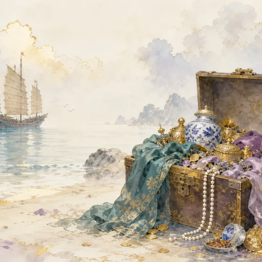 An open treasure chest with silk, porcelain, and gold coins on a beach, representing the Indirect Wealth (偏财) archetype of windfall fortune