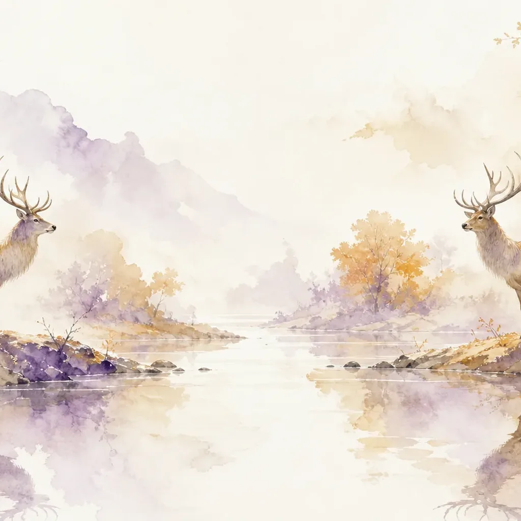 Two stags standing on opposite sides of a mountain stream, each reflected in the water, representing the Rob Wealth (劫财) archetype of rivalry