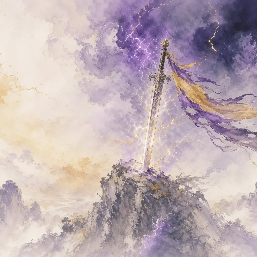 An ancient Chinese sword driven into a rocky summit with lightning crackling around it, representing the Seven Killings (七杀) archetype of martial breakthrough