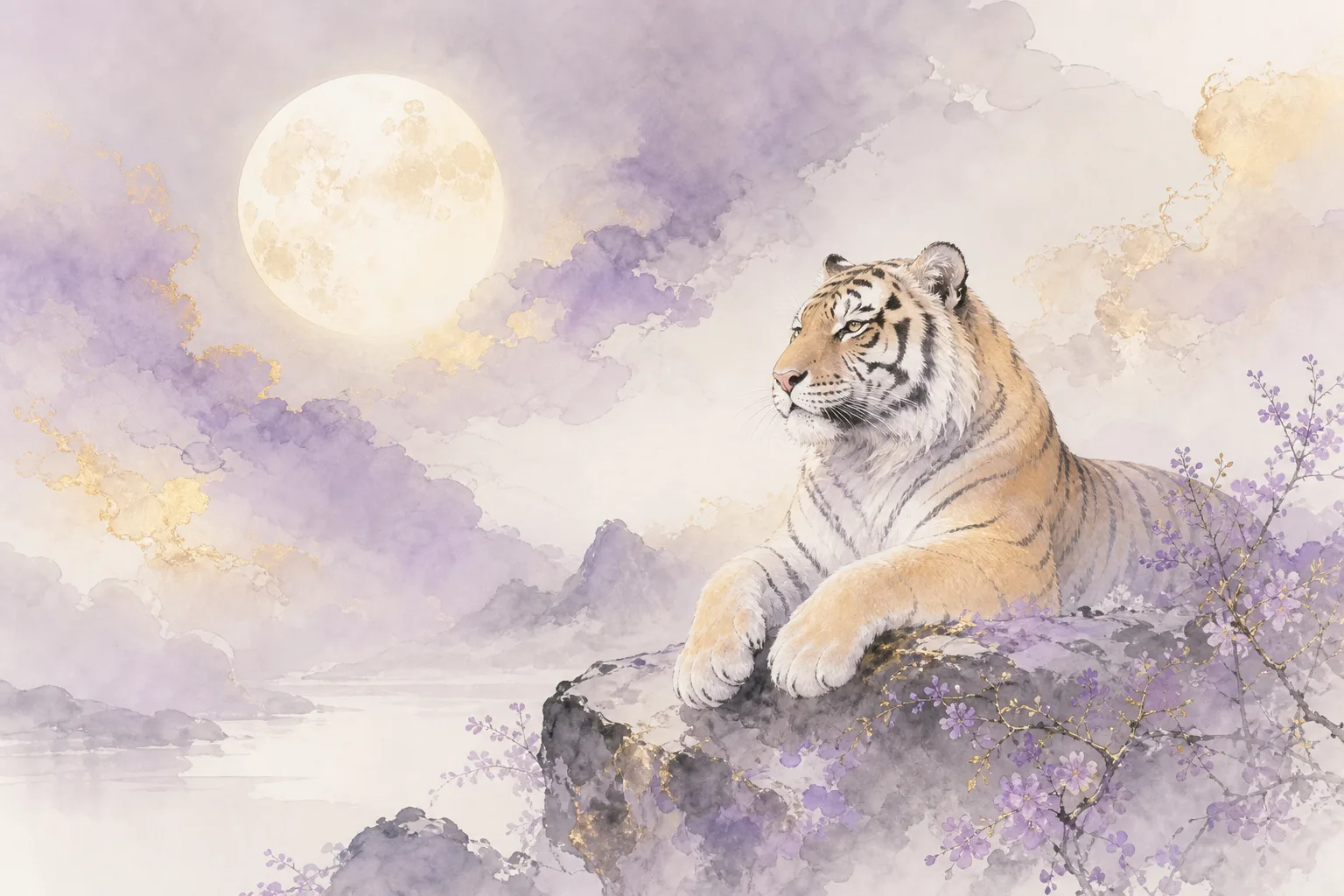 Chinese ink painting of a tiger on a mountain peak under full moon, dramatic shuimo landscape