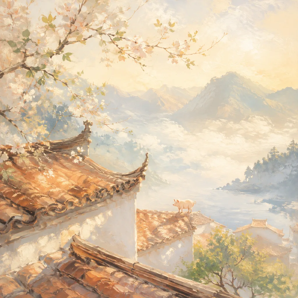 Year of the Pig 1947 - 丁亥 Roof Earth - Chinese Zodiac Concept Illustration