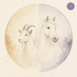 Two minimal gold-line goats facing across a divided light circle