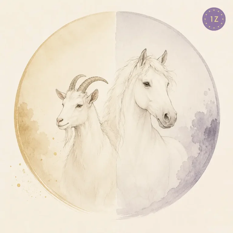 Two minimal gold-line goats facing across a divided light circle
