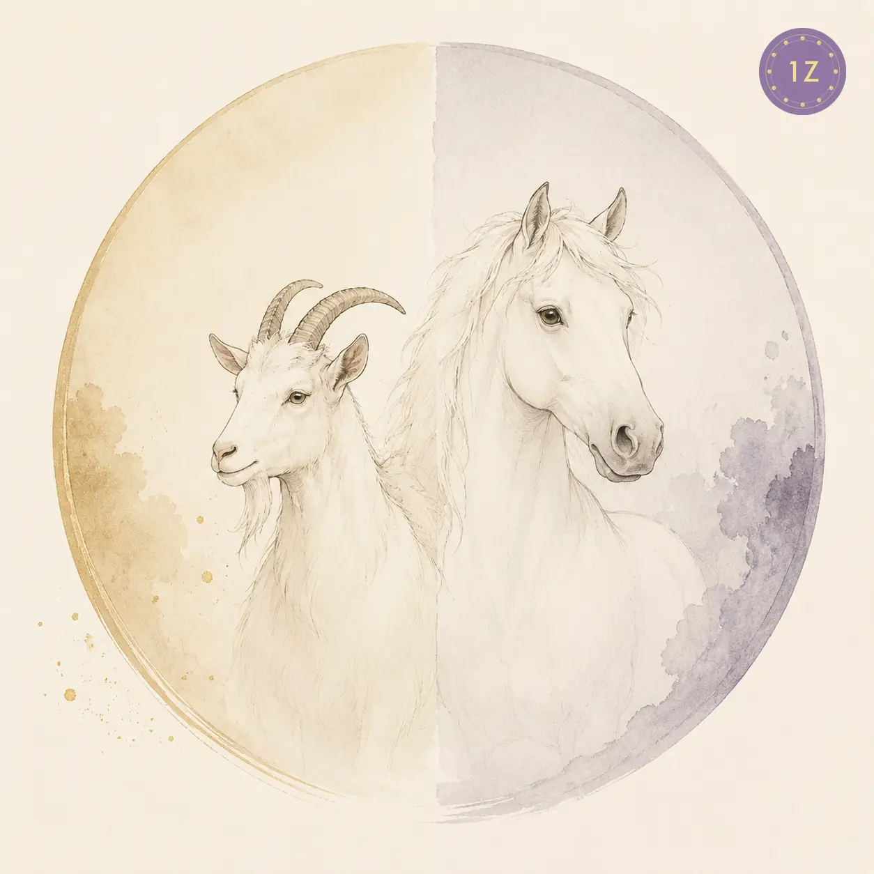 Two minimal gold-line goats facing across a divided light circle