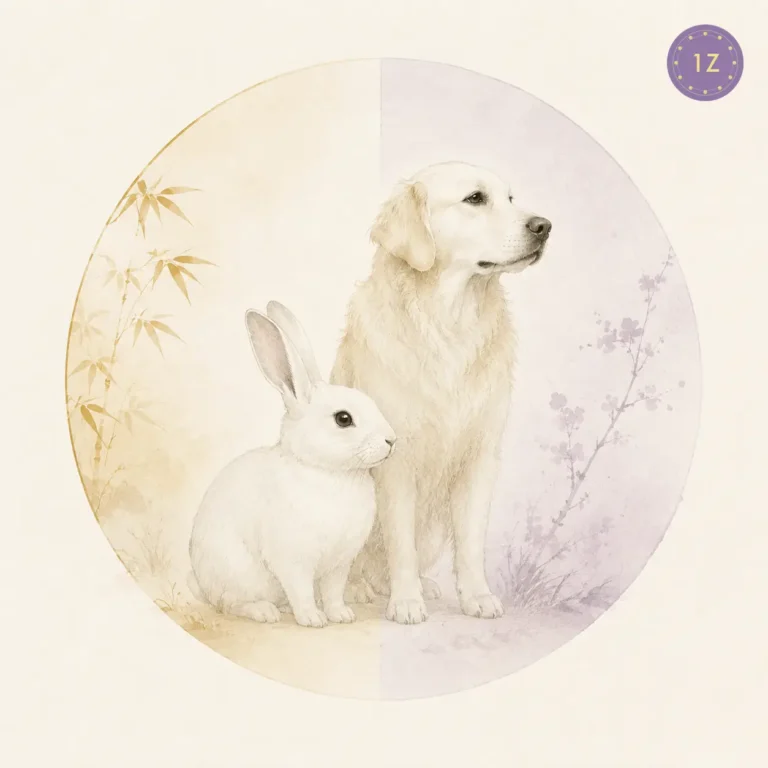 Two minimal gold-line rabbit and dog facing across a divided light circle