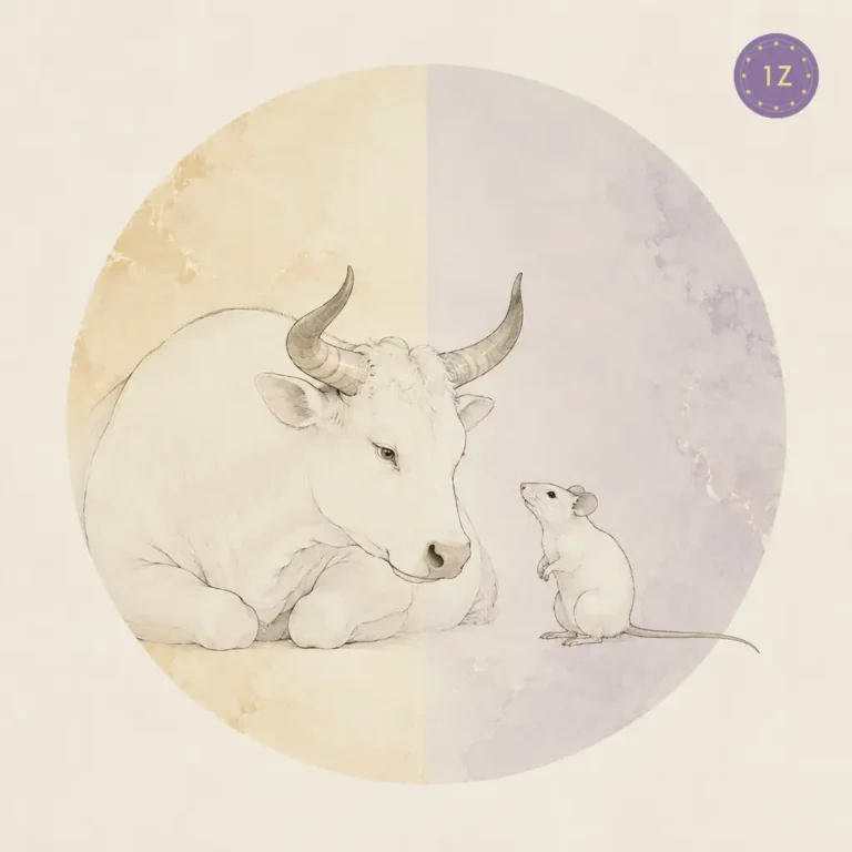Two minimal gold-line ox and rat standing together across a divided light circle