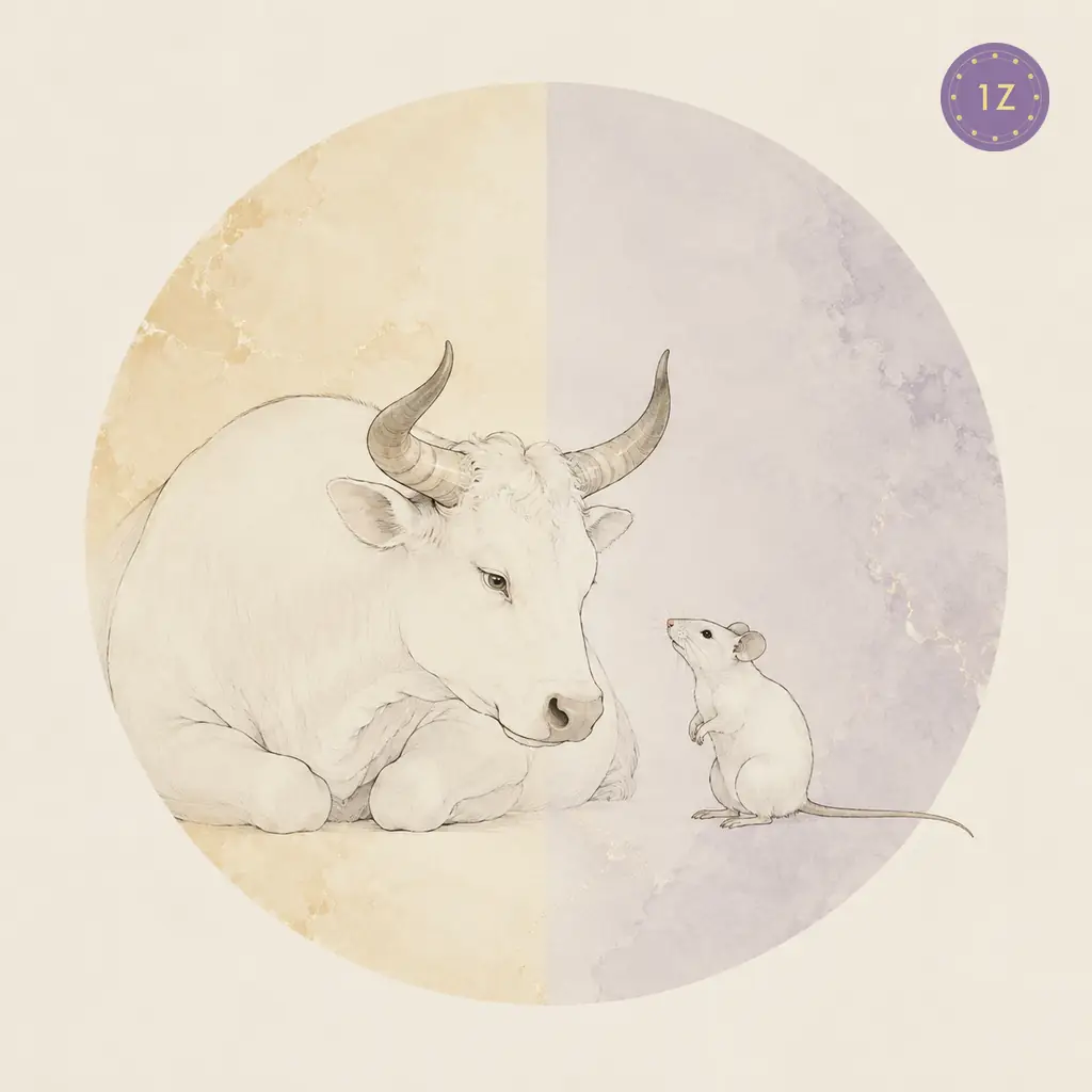 Two minimal gold-line ox and rat standing together across a divided light circle