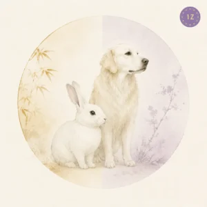 Two minimal gold-line rabbit and dog facing across a divided light circle
